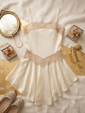 Vintage Undercover Wear Cream With Tan Lace Skater Slip Dress